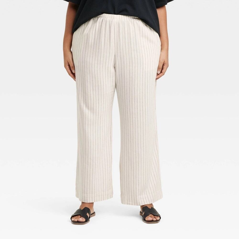 A New Day 4X Pull-on Pants Cream Ivory Linen Mid-Rise Black Pin Striped Wide Leg